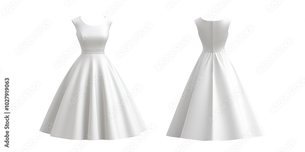 White 3d female dress front and back view. Blank mockup for branding uniform on transparent cutout background, PNG file. Mockup clipart template White 3d female dress front and back view. Blank mockup for branding uniform on transparent cutout background, PNG file. Mockup clipart template