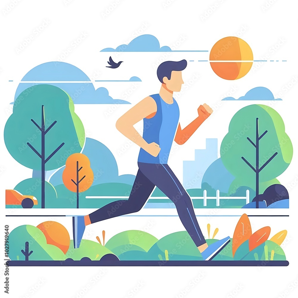 Flat-style illustration of a man jogging through a park. Ideal for fitness, outdoor, and healthy lifestyle-themed designs. Simple and energetic composition, perfect for promoting physical activity. Flat-style illustration of a man jogging through a park. Ideal for fitness, outdoor, and healthy lifestyle-themed designs. Simple and energetic composition, perfect for promoting physical activity.