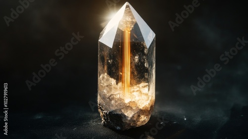 A Very Clear Quartz with Rutilated Stripes of Gold Shining in the Sun, Isolated on Black Background, Perfect for Jewelry or Mineralogy Concepts Generative AI photo