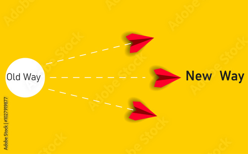 Red paper airplane flying old way new way. New Idea concept. business life change concept. Different thinking, Business leader, personality development idea concept.	