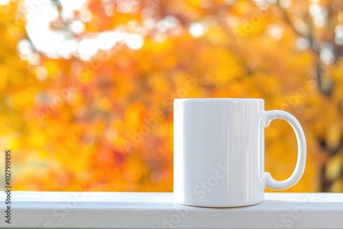 A white mug rests on a wooden railing surrounded by vibrant autumn leaves, capturing a serene moment in a cozy setting