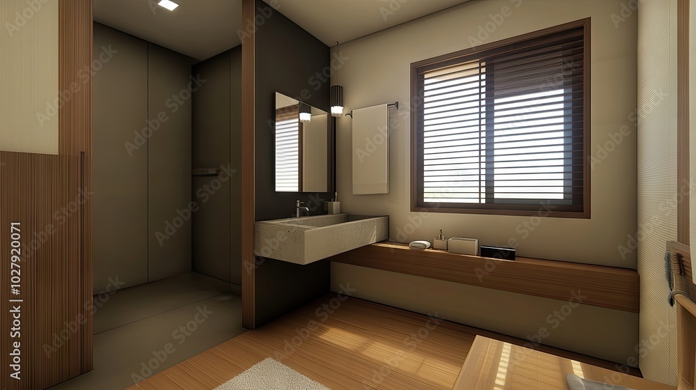 Fototapeta premium This sleek, modern bathroom showcases a concrete sink with a wooden countertop, complemented by a black metal mirror and vintage pendant lights enhancing the minimalist aesthetic.