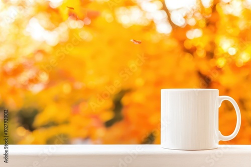 A serene white cup rests on a wooden railing overlooking vibrant autumn leaves during a sunny afternoon
