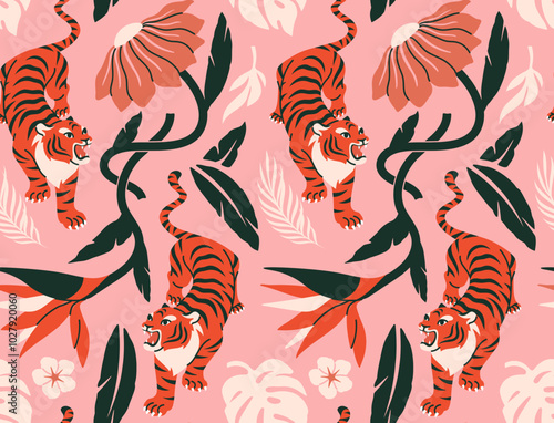 Tropical seamless pattern. Cute jungle damask ornament with tigers, palm leaves and blooming flowers. Hand drawn repeating template for wallpaper or textile design. Flat vector illustration