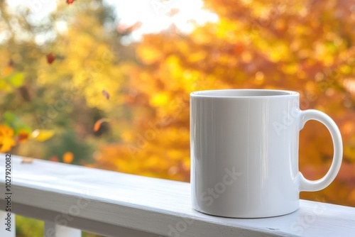 A cozy morning with a warm mug on a balcony amidst vibrant autumn foliage in the afternoon sunlight