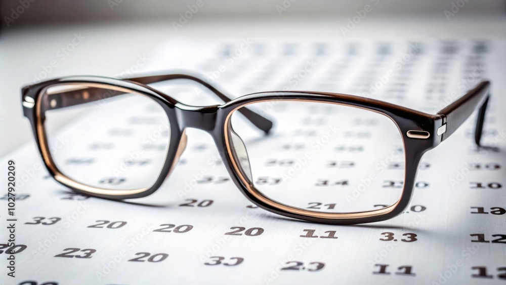 Close-up of eyeglasses on eyesight test chart background for vision examination concepts Close-up of eyeglasses on eyesight test chart background for vision examination concepts