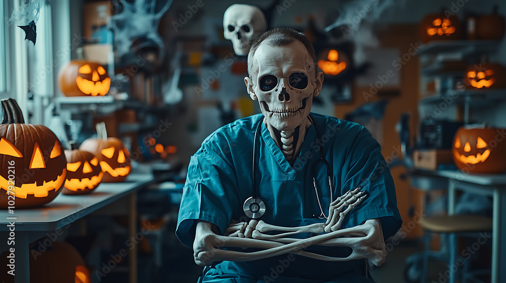 Skeleton in a lab coat surrounded by Halloween pumpkins, spooky atmosphere.