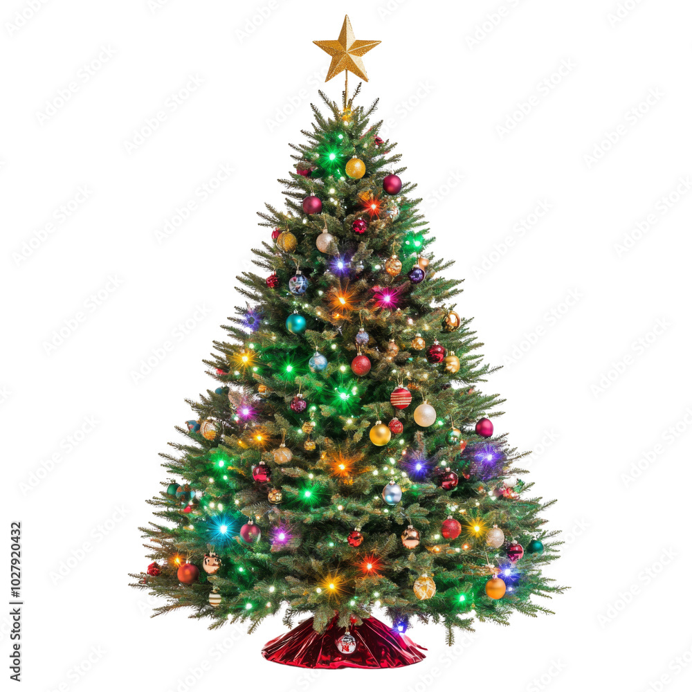Decorated Christmas tree adorned with red and gold ornaments, topped with a star, perfect for festive celebrations. Decorated Christmas tree adorned with red and gold ornaments, topped with a star, perfect for festive celebrations.