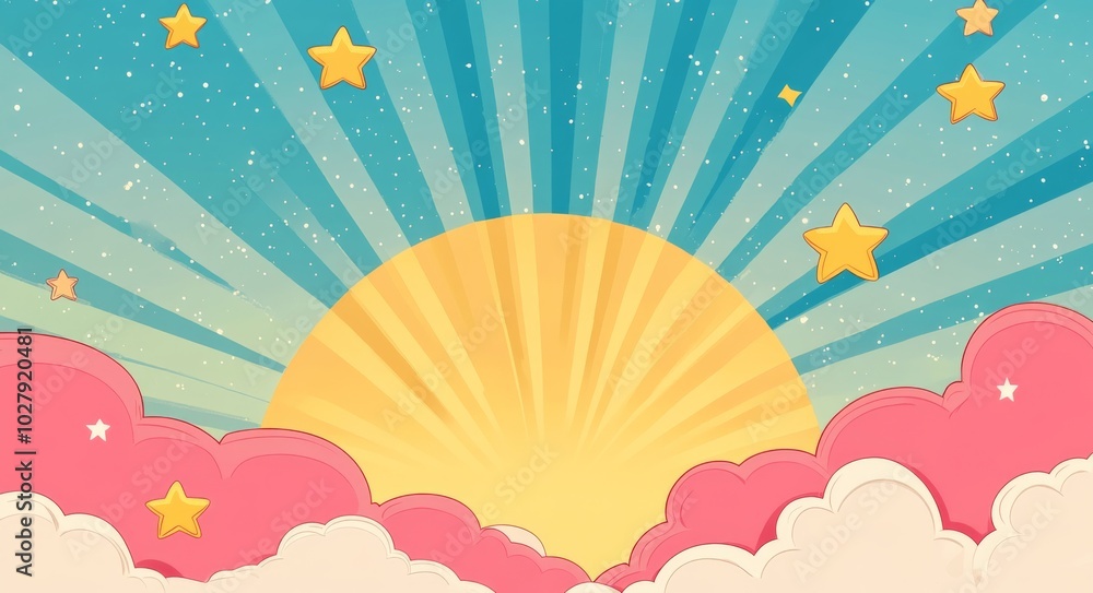 Colorful Cartoon Sky with Clouds and Sun Rays, Perfect for Background Vector Presentation Design. Colorful Cartoon Sky with Clouds and Sun Rays, Perfect for Background Vector Presentation Design.