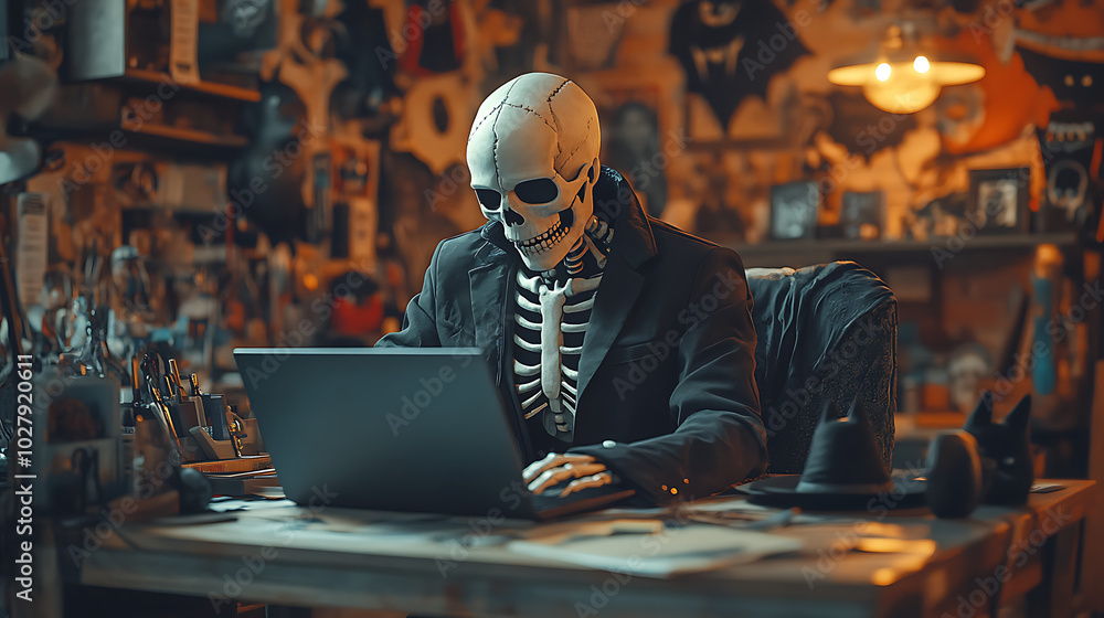 Skeleton working on a laptop in a cozy, artistic workspace. Skeleton working on a laptop in a cozy, artistic workspace.