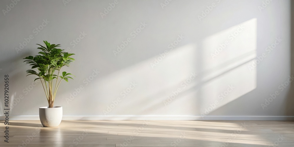 Minimalist room with potted plant casting delicate shadows on light wall Minimalist room with potted plant casting delicate shadows on light wall