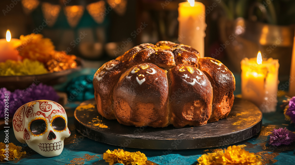 Traditional pan de muerto (bread of the dead) displayed on an altar with sugar skulls and candles. Day of the Dead, skull Traditional pan de muerto (bread of the dead) displayed on an altar with sugar skulls and candles. Day of the Dead, skull