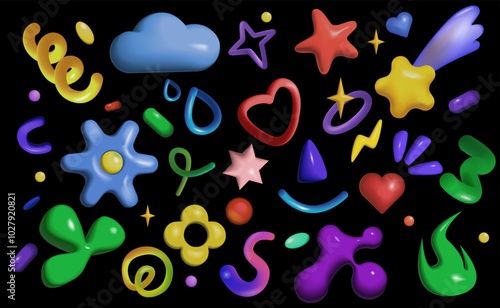 Set of various 3D plastic shapes. Icons with cloud, heart, star, flowers, abstract forms and geometric shapes in plasticine style. Realistic vector illustration collection isolated on black background