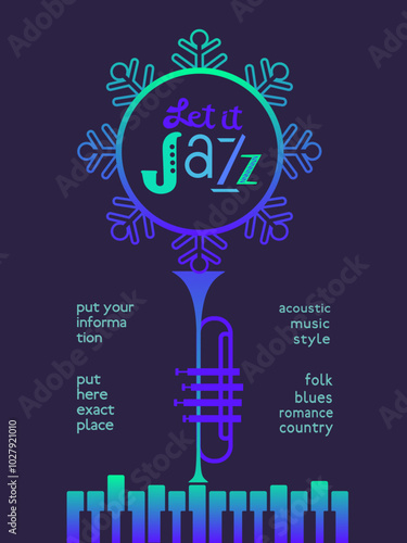 Winter Season Holidays Live Music event vector poster template. Piano, trumpet silhouette, snowflake cartoon illustration. Christmas Jazz Night Tunes Festive Music performance, celebration background