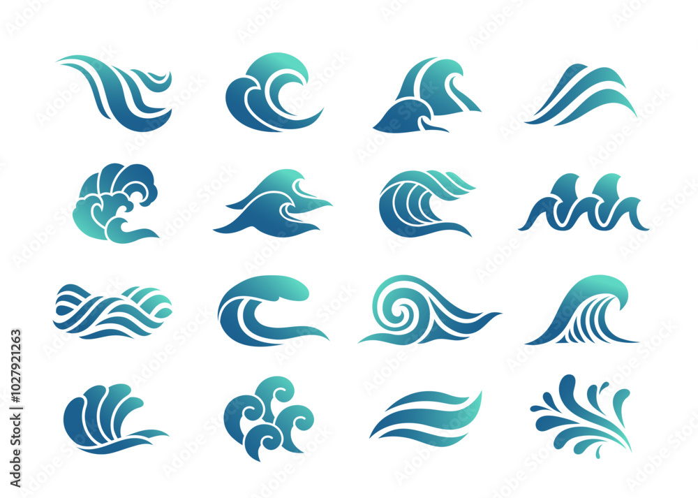 Water wave icons set. Colorful gradient symbols with ocean or sea waves, splashes and liquid splatters. Design Elements for Logo. Cartoon Flat vector illustration isolated on white background Water wave icons set. Colorful gradient symbols with ocean or sea waves, splashes and liquid splatters. Design Elements for Logo. Cartoon Flat vector illustration isolated on white background
