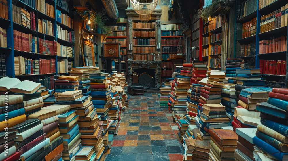 Fototapeta premium Cozy Stacked Book Library Interior with Vintage Bookshelves and Open Books on Tiled Floor, Warm Lighting, Peaceful and Rustic Ambience, Perfect for Bibliophiles and Bookstore Lovers