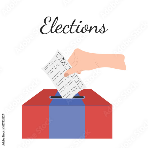 Hand is holding ballot and throwing it into the red and blue box. Every vote matters. Elections concept in USA 2024. Candidates agitation campaign. democracy, political banner. Hand drawn vector flat
