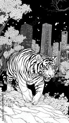 Tiger wandering through city park in spring with cherry blossom trees in full bloom and picnickers enjoying the weather, perfect for wildlife and urban landscape themes Generative AI photo