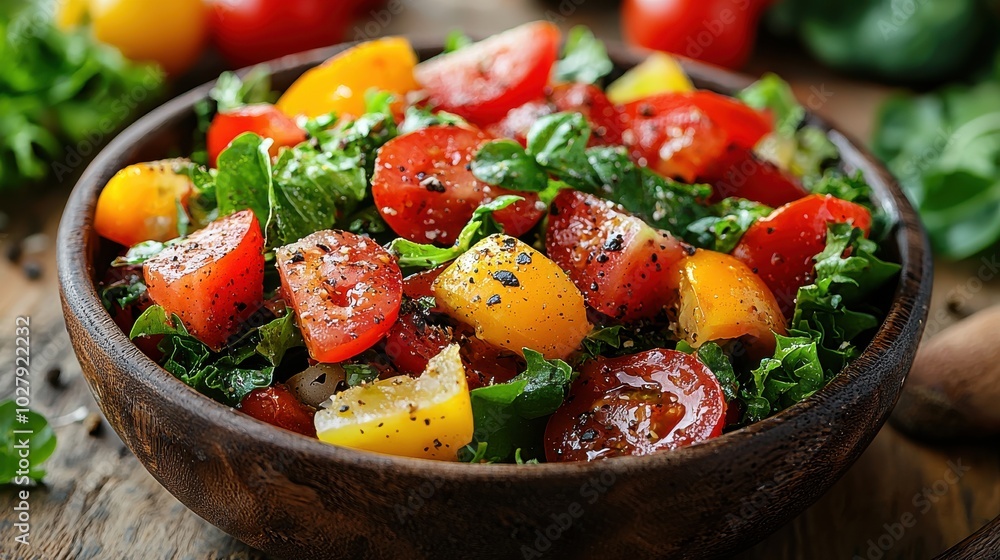 Vibrant salad with cherry tomatoes, mixed greens, and colorful bell peppers in a wooden bowl on a rustic table Vibrant salad with cherry tomatoes, mixed greens, and colorful bell peppers in a wooden bowl on a rustic table