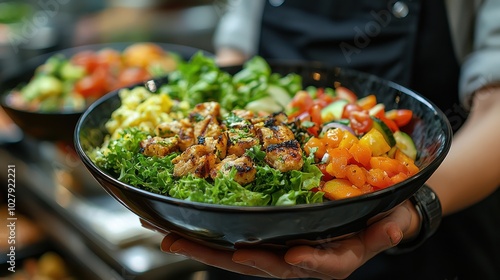 Freshly prepared grilled chicken salad served in a large bowl at a restaurant during lunchtime with colorful vegetables