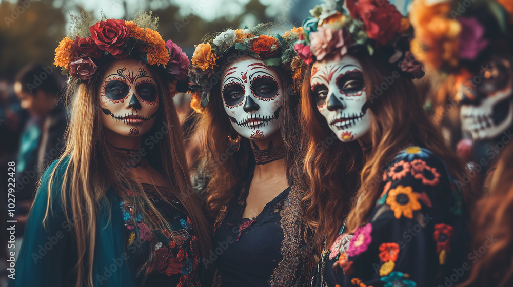 A group of women dressed in Day of the Dead makeup, each wearing skull designs and floral crowns, standing together in a vibrant festival scene. Day of the Dead, flowers, skull A group of women dressed in Day of the Dead makeup, each wearing skull designs and floral crowns, standing together in a vibrant festival scene. Day of the Dead, flowers, skull