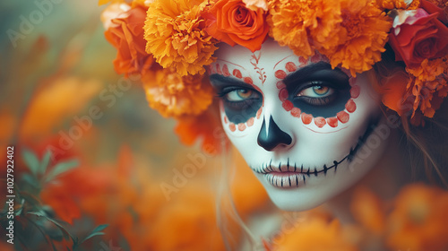 A close-up of a woman with delicate, white sugar skull makeup, wearing a crown made of marigolds and roses. Day of the Dead, flowers, skull