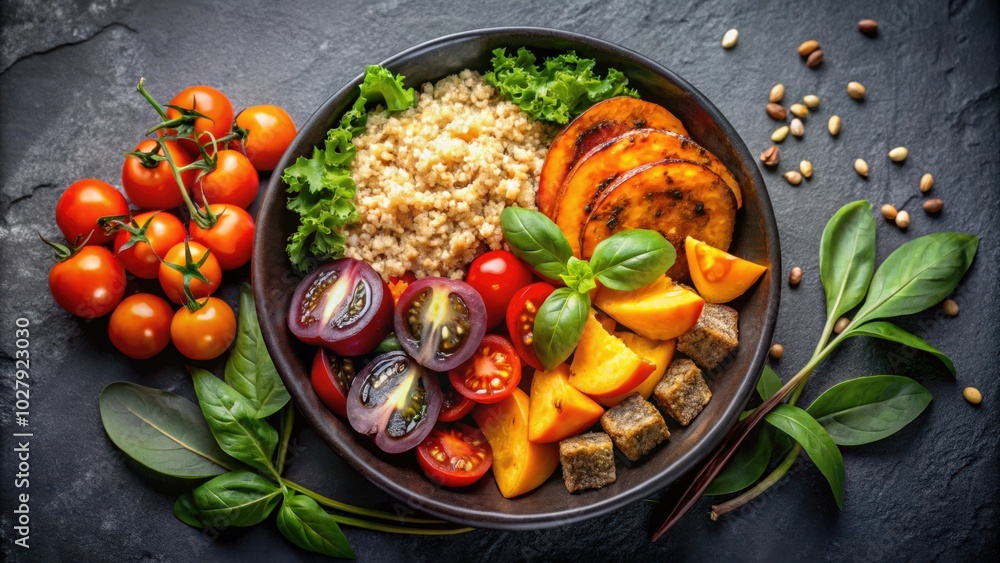 Healthy Vegetarian Buddha Bowl with Roasted Pumpkin, Quinoa, Tomatoes, and Green Salad on Slate Background Close Up Healthy Vegetarian Buddha Bowl with Roasted Pumpkin, Quinoa, Tomatoes, and Green Salad on Slate Background Close Up