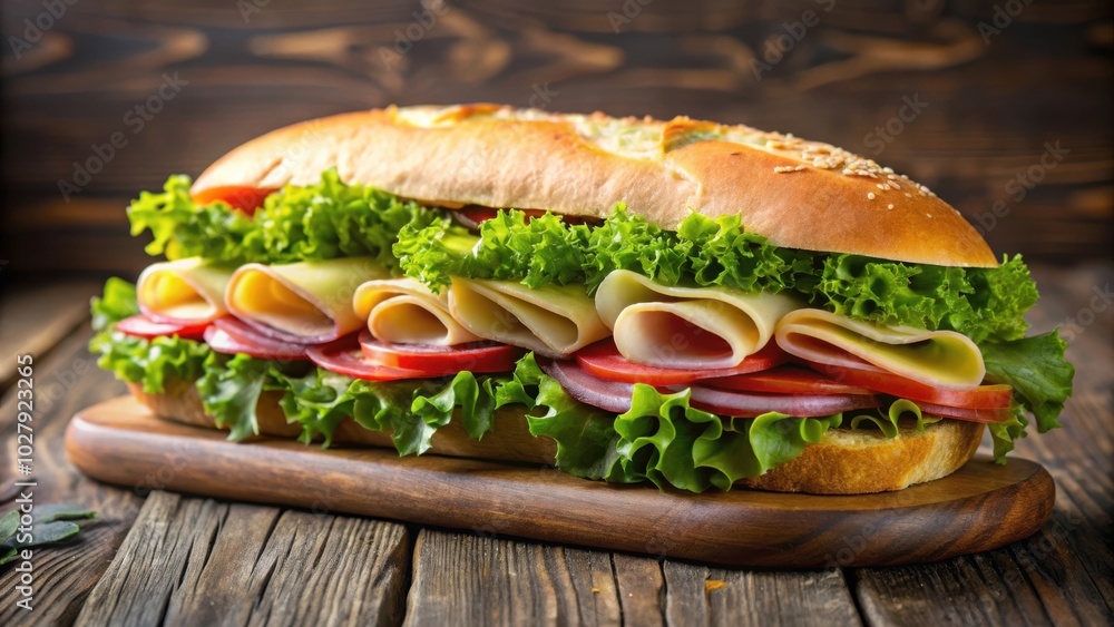 Delicious submarine ham and cheese sandwich on freshly baked bread with lettuce Delicious submarine ham and cheese sandwich on freshly baked bread with lettuce