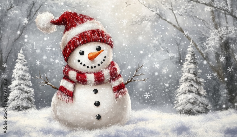 Charming Snowman in a Red and White Striped Scarf Surrounded by Pine Trees Charming Snowman in a Red and White Striped Scarf Surrounded by Pine Trees