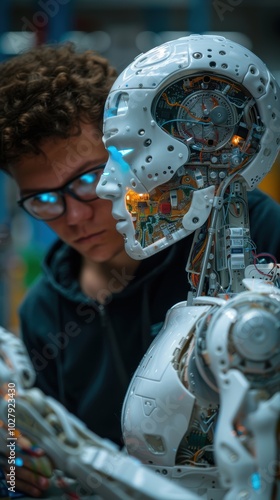 A focused engineer works on AI robotics circuitry in a modern lab, pushing the boundaries of automation and electronics technology.