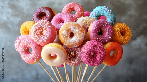 A donut bouquet made of skewered donuts arranged in a colorful, creative display. photo