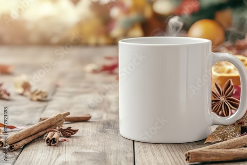 A cozy autumn setting featuring a blank mug surrounded by colorful leaves and cinnamon sticks on a wooden table in the evening light