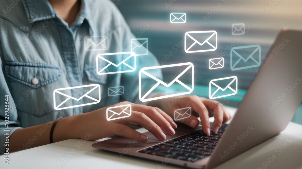 Person typing on laptop with email icons in the background, blurred scenery. Person typing on laptop with email icons in the background, blurred scenery.