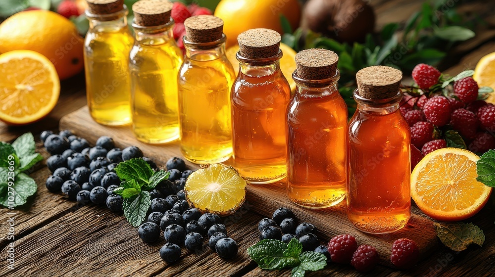 Colorful variety of natural oils displayed with fresh fruits and mint on a rustic wooden table Colorful variety of natural oils displayed with fresh fruits and mint on a rustic wooden table