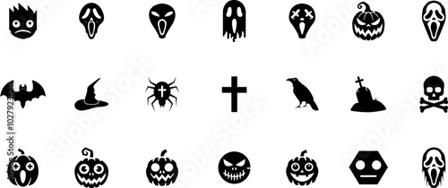 Horror, Funny and Scary halloween faces silhouette icon. Pumpkin Silhouette Icon. Spooky Faces of Ghost Glyph Pictogram. Halloween Horror Emotions Icon. Isolated Vector Illustration.