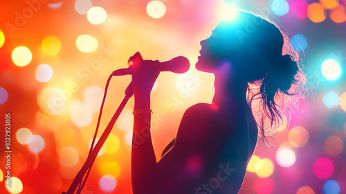 A Spectacular Stage Performance by an Anonymous Female Singer Surrounded by Colorful Lights and Captivating Wallpaper