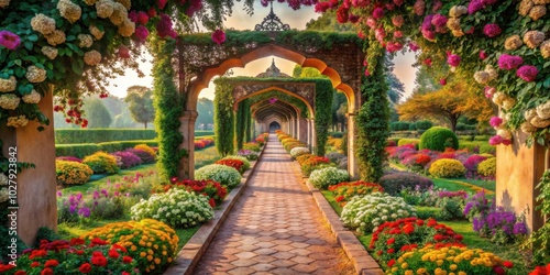 Fototapeta Naklejka Na Ścianę i Meble -  Enchanted Mughal garden pathway with a vivid symphony of flowers and art