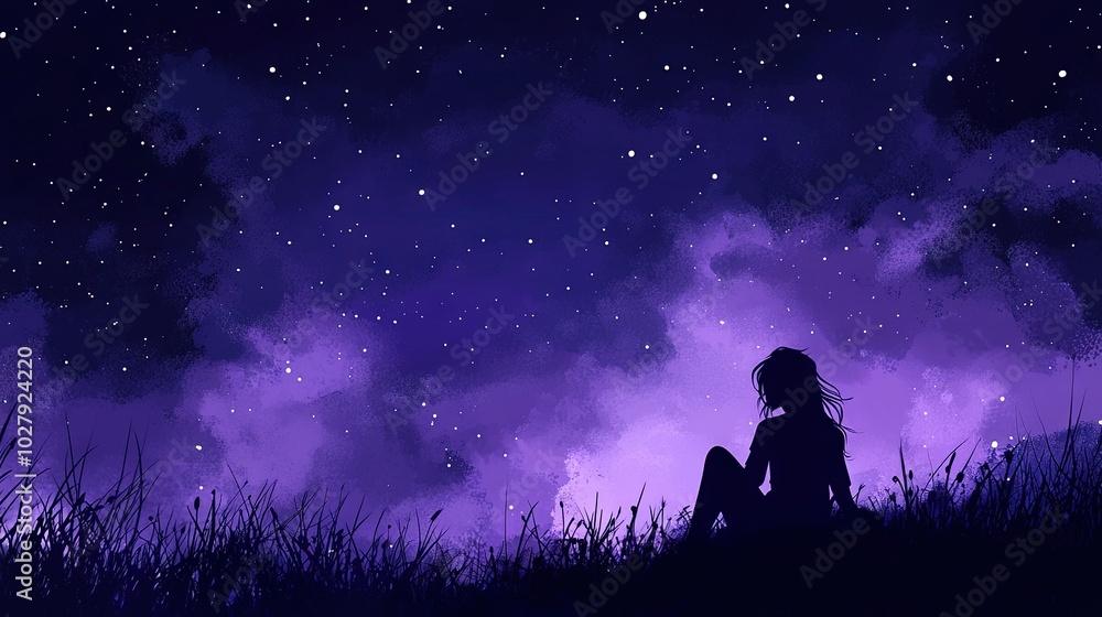 Person gazing at starry night sky with lush grass in background Person gazing at starry night sky with lush grass in background