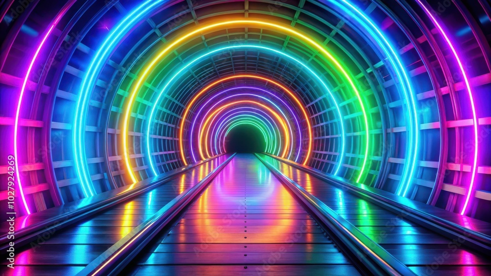 Futuristic Neon Light Tunnel with Glowing Tracks in Rainbow Colors for Creative Backgrounds and Conceptual Art Futuristic Neon Light Tunnel with Glowing Tracks in Rainbow Colors for Creative Backgrounds and Conceptual Art