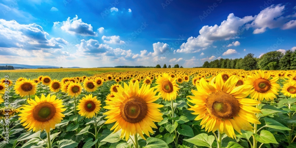 Obraz premium Vibrant field of sunflowers under a clear blue sky in a stunning summer landscape