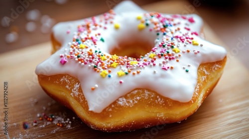 A donut shaped like a star, topped with white icing and festive sprinkles for a holiday celebration. photo