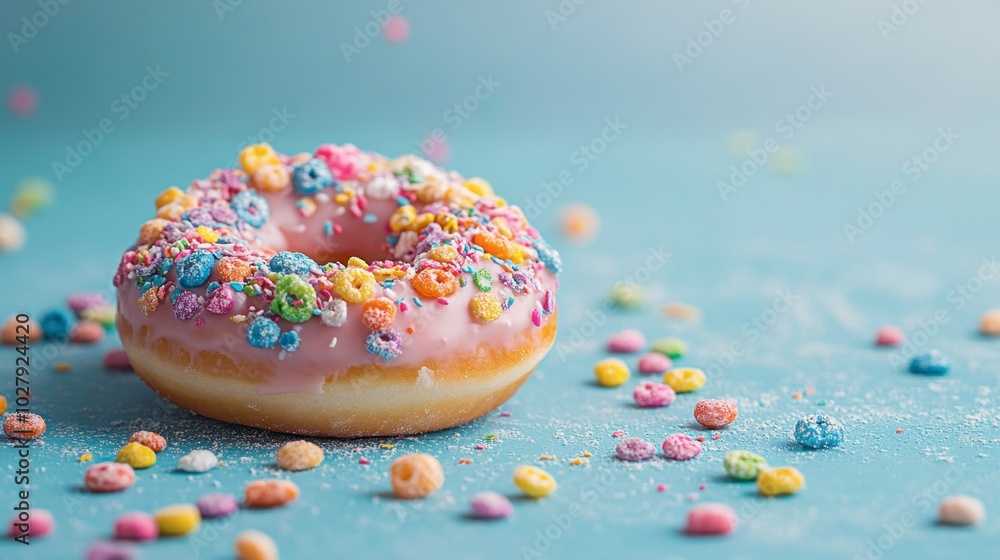 A donut topped with colorful cereal pieces, creating a fun, playful treat for kids. A donut topped with colorful cereal pieces, creating a fun, playful treat for kids.