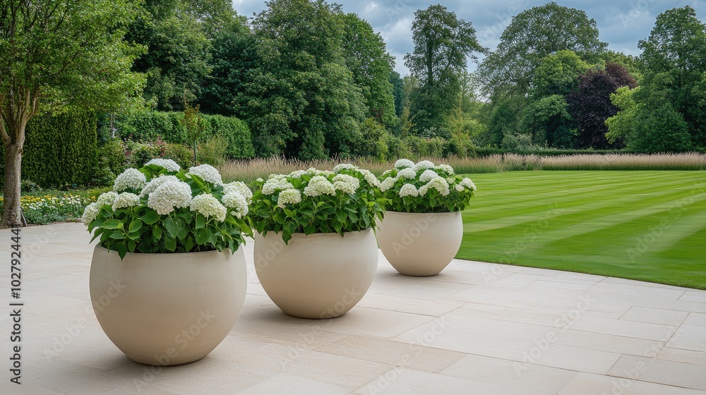Obraz premium Stunning white hydrangea plants flourish in large round stone pots on a tranquil patio, framed by tall trees and grasses of an English garden, creating a serene atmosphere