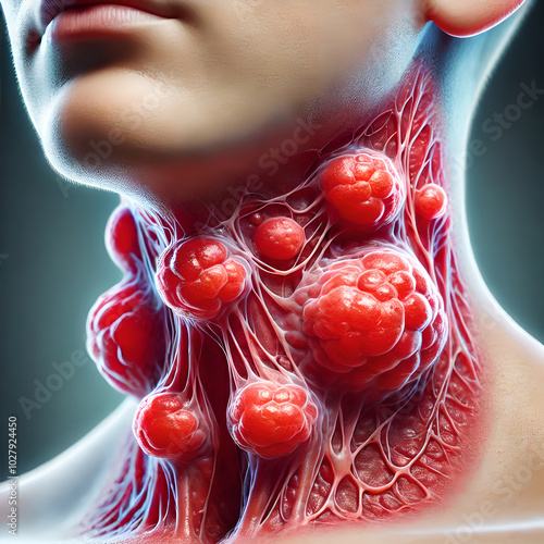 Close-up image swollen and inflamed lymph nodes due to infection or injury, case of lymphadenitis. focus on enlarged nodes in neck or armpits, showing redness, swelling in surrounding tissue. photo