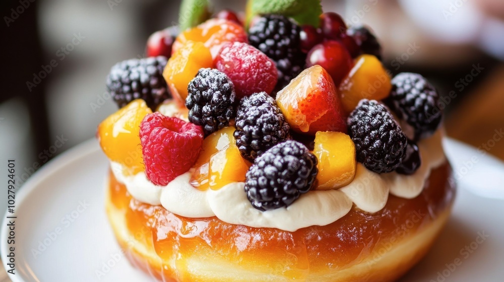 A donut topped with glazed fruits and cream, making it a fancy dessert for a special occasion. A donut topped with glazed fruits and cream, making it a fancy dessert for a special occasion.