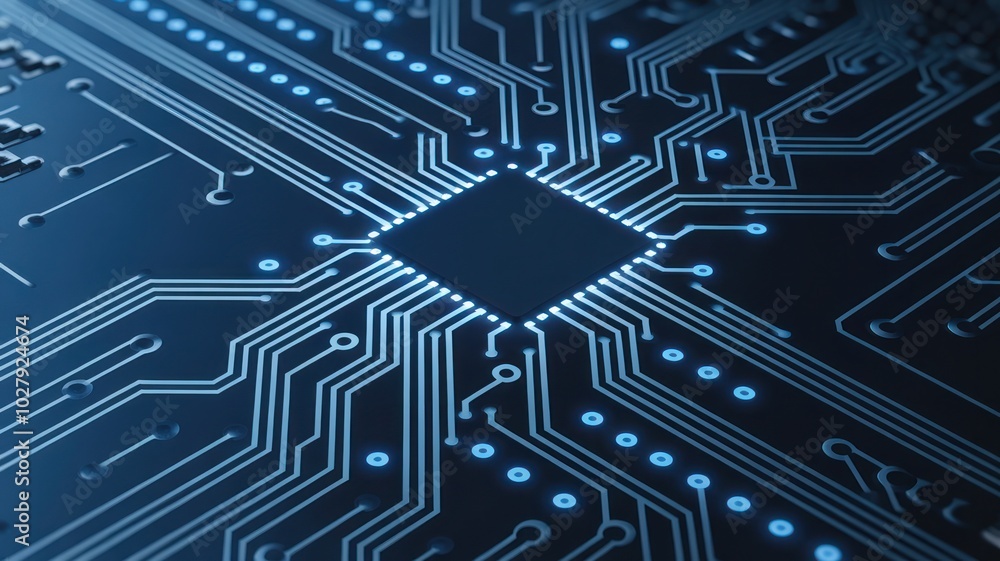 Close-up of a computer circuit board with intricate designs and blue lighting. Close-up of a computer circuit board with intricate designs and blue lighting.