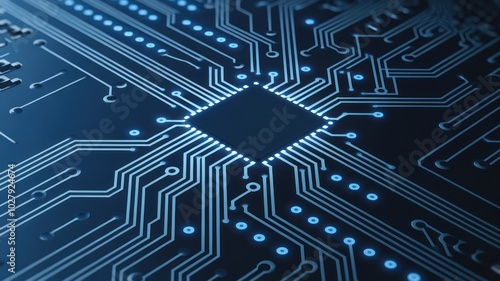 Close-up of a computer circuit board with intricate designs and blue lighting.