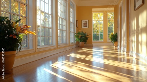 Bright Sunlit Hallway with Vibrant Indoor Plants