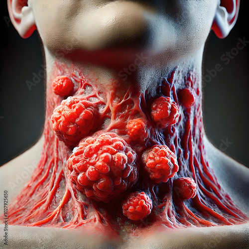 Close-up image swollen and inflamed lymph nodes due to infection or injury, case of lymphadenitis. focus on enlarged nodes in neck or armpits, showing redness, swelling in surrounding tissue. photo