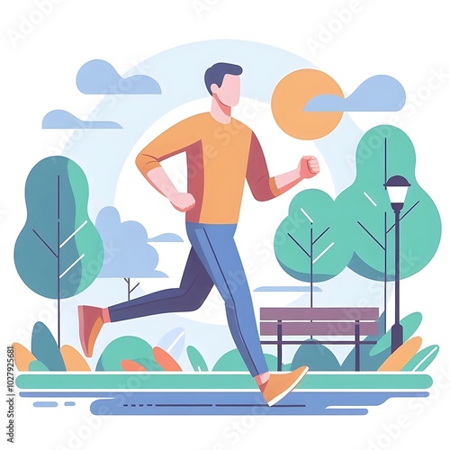 Flat-style illustration of a man jogging through a park. Ideal for fitness, outdoor, and healthy lifestyle-themed designs. Simple and energetic composition, perfect for promoting physical activity. 